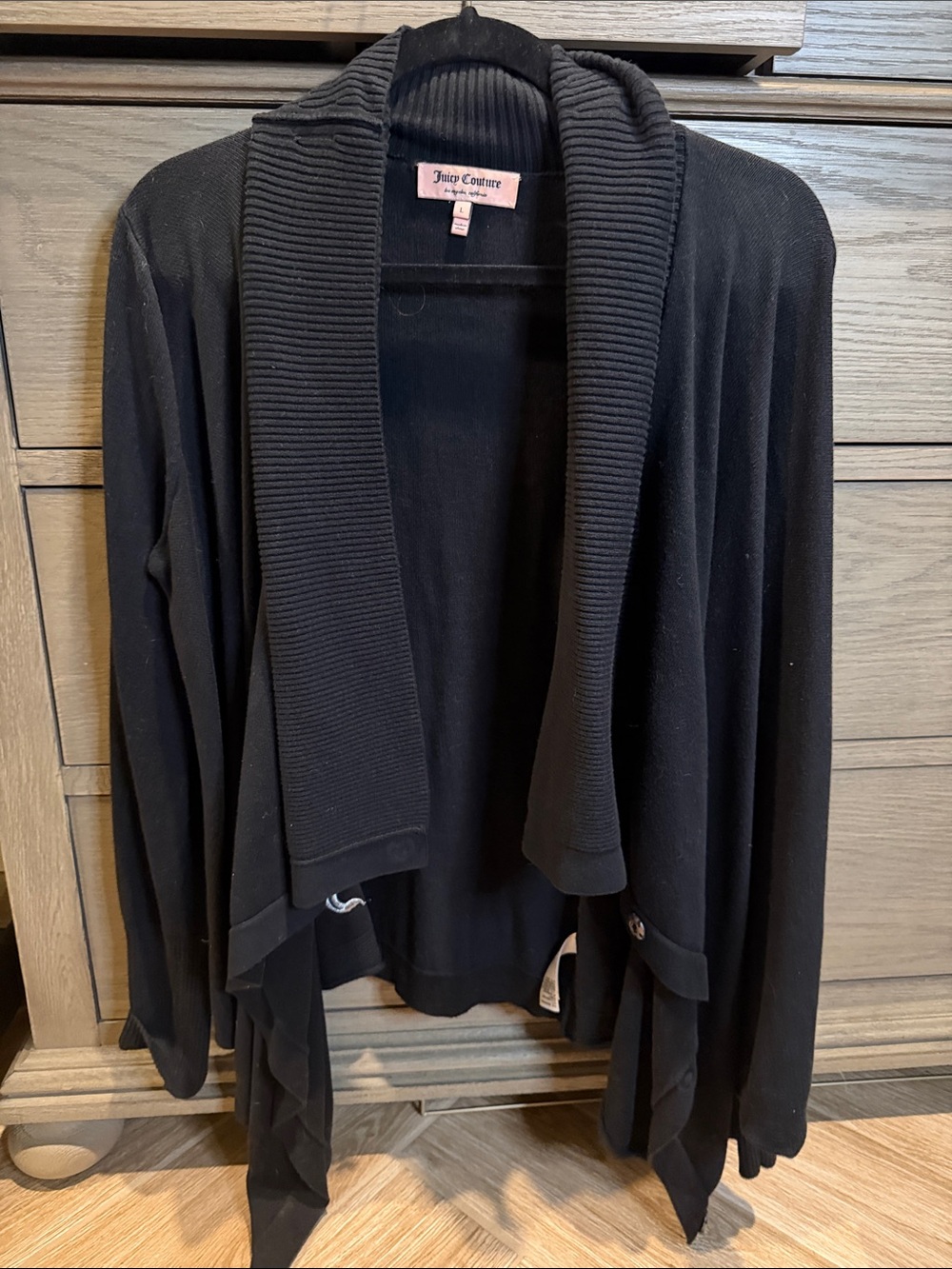 Juicy Couture Black Ribbed Shawl Collar Drape Cardigan